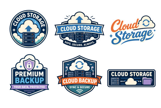 Premium cloud backup and file sync vintage badges set: vector datacenter hosting emblems, server racks, padlock shield, upload arrow, and folder stickers