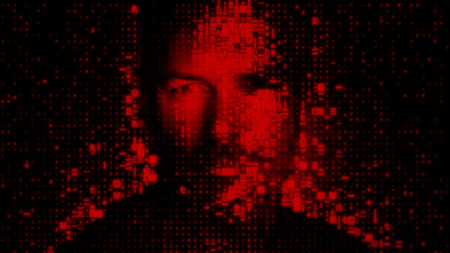 Male Face dissolving into Source Code, symbolising Liveness Detection Concept.