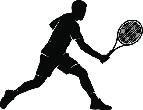 tennis player hitting racket male athlete sports vector silhouette icon graphic element isolated on white background