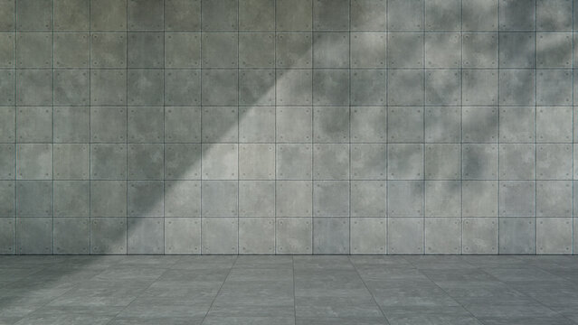 Empty Exterior Passageway with Square Concrete Panel Wall and Tiled Floor in Clear Daylight. Real Estate Concept with copy-space.