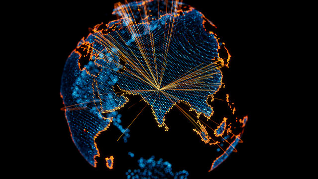 Delhi on Next-generation Blue and Orange Planet with Glowing Hexagon Dots and Motion Trails over Asia. Streaming Media Concept with copy-space.