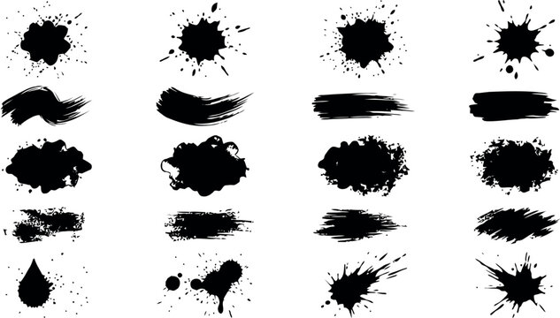Set of black ink splatters paint smudges and waterdrop splash vector illustrations