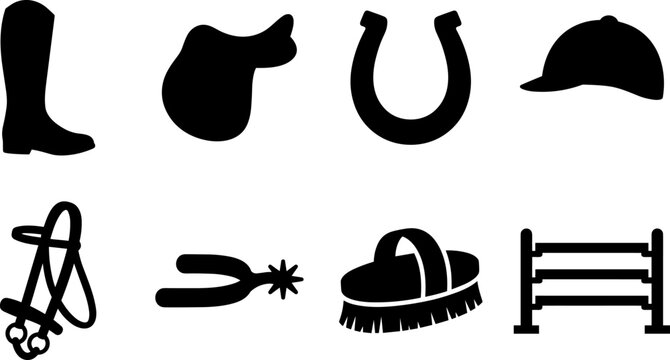 Vector collection of black equestrian equipment silhouettes featuring saddle, helmet, horseshoe, and riding boots.