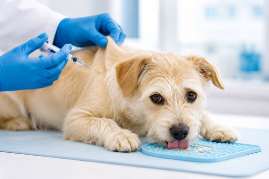 Dog Licking a Treat Mat During a Veterinary Injection