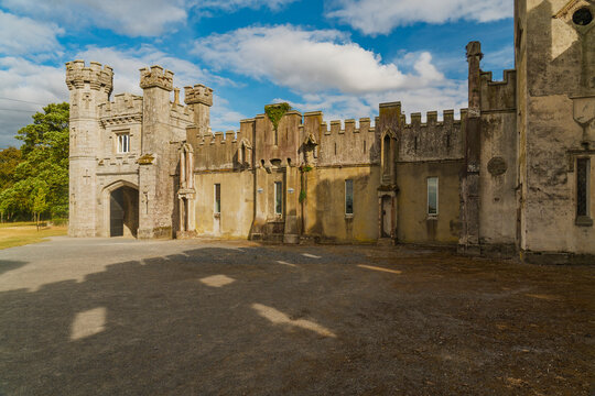 Courtyard of an ancient stone castle with battlements