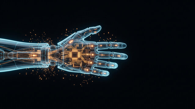 Digital Holographic Hand with AI Neural Network Connections on Dark Background with Copy Space