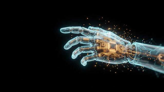 Digital Holographic Hand with AI Neural Network Connections on Dark Background with Copy Space
