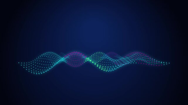 Futuristic neon audio wave animation showing digital sound equalizer particles glowing in cyan and purple on dark blue background for modern voice assistant technology and frequency visualizer