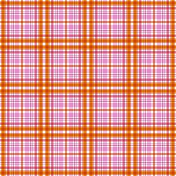Geometric seamless plaid and tartan pattern design featuring a vibrant blend of pink, bright orange, and white lines. 