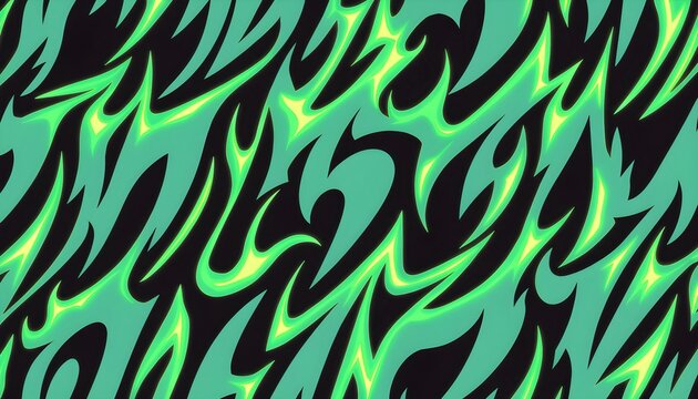 Seamless neon green fire pattern on black background