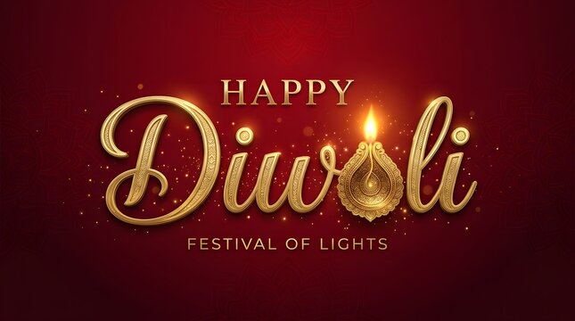 Happy diwali festival of lights greeting card with golden diya lamp