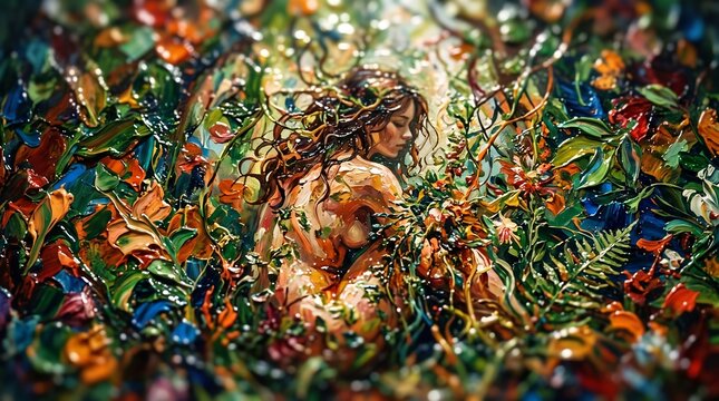 Vibrant abstract artwork featuring a seductive unclothed young woman amidst wild nature with thick glossy paint texture, impasto finish, neon accent lighting, and tilt-shift depth of field blur effect