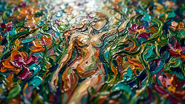 Vibrant abstract artwork featuring a seductive unclothed young woman amidst wild nature with thick glossy paint texture, impasto finish, neon accent lighting, and tilt-shift depth of field blur effect