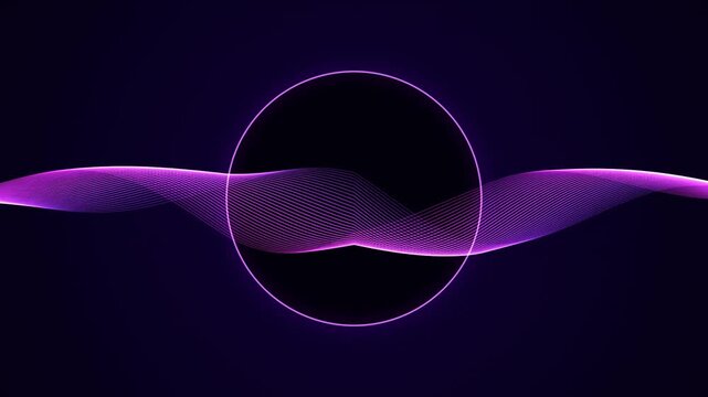 Futuristic neon purple sound wave audio frequency equalizer oscillating across glowing circle frame on dark background motion graphic animation for electronic music visualizer backdrop