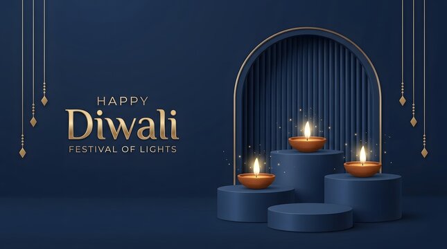 Diwali festival of lights greeting card with glowing oil lamps on