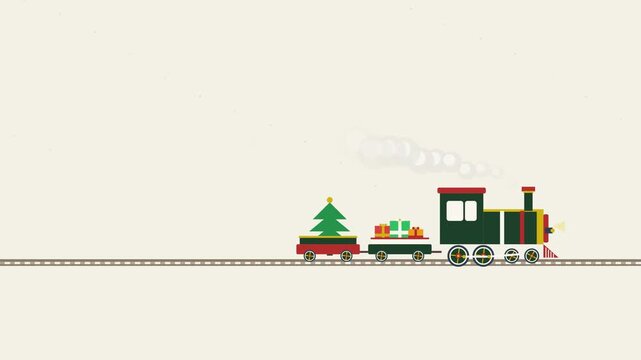 Christmas toy train animation carrying gifts and green pine tree
