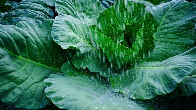 Fresh cabbage leaves glisten with morning dew. Large, vibrant green leaves curve inward, forming a compact head. Natural light enhances leaf texture and dew droplets. Perfect for food, agriculture