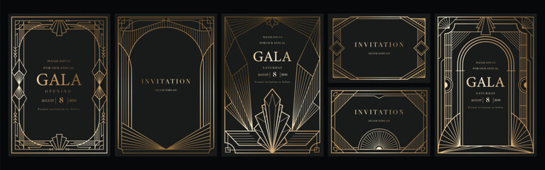 Fototapeta na wymiar Black Gold Art Deco Vector Invitation Template Collection with Luxurious Geometric Frames for Gala and Formal Dinner Parties