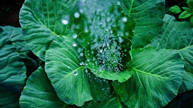 Water droplets fall gently on vibrant green cabbage leaves. Freshness and nourishment are evident in each dewdrop. This scene evokes nature's calm, healing touch. Perfect for agriculture
