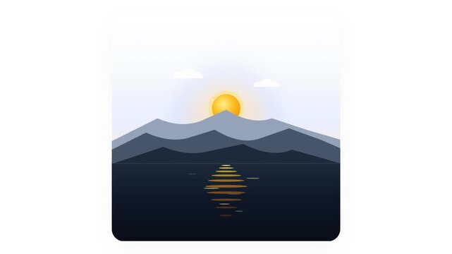 Minimalist flat illustration of a serene mountain landscape with a rising sun and water reflections in purple and blue tones. Ideal for meditation apps and wellness backgrounds.