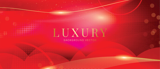 Naklejka premium Luxury Bright Red Vector Background Featuring Elegant Champagne Gold Wave Stripes Radiant Flare and Abstract Celebration Layers