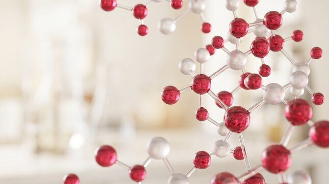 Abstract representation of hemoglobin molecules floating in a bright laboratory