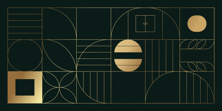 Elegant Black Green Art Deco Vector Background Featuring Golden Circular Arches Geometric Grid and Minimalist Sun Discs