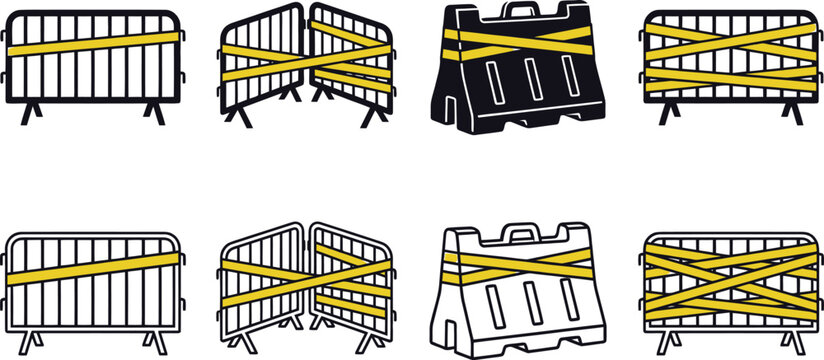 A collection of barricades and safety barriers featuring prominent yellow and black warning tape indicating restricted access and potential hazards