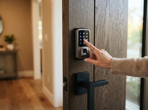 Woman Unlocking Smart Door Lock with Keypad Code and Fingerprint Scanner at Home Entry