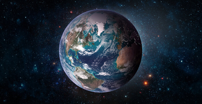 Planet Earth illuminated by sunrise against a deep space background with stars and nebulae, symbolizing global connection, science, astronomy.  Elements of this image furnished by NASA.