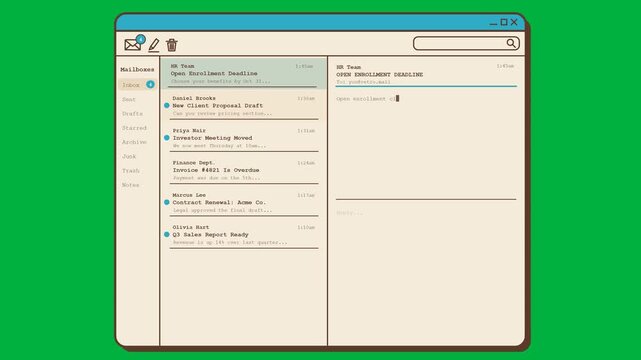 Retro Computer Email Interface Animation Showing Multiple Business Messages Arriving in Inbox with Increasing Unread Count Over Chroma Key Green Screen with Typewriter Font and Beige