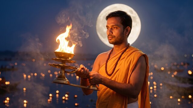  Hindu Priest Performing Ganga Aarti &ndash; Full Moon Dev Deepawali.
