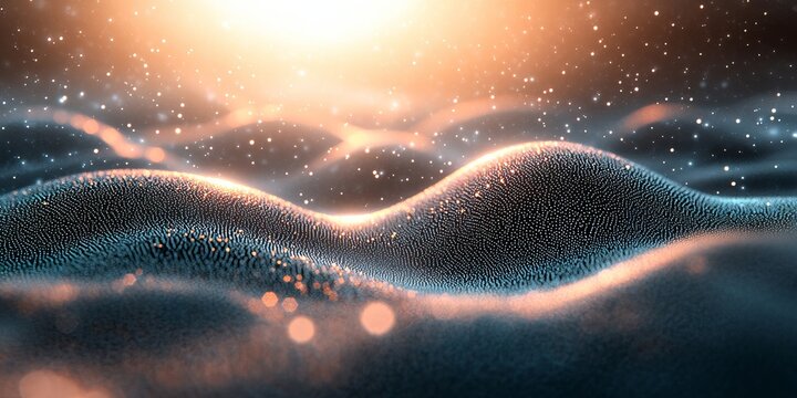 Abstract Digital Wave Pattern Featuring Glowing Particles with Soft Bokeh Light and Elegant Curves.