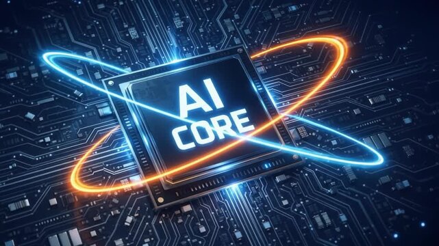 Glowing artificial intelligence core microprocessor chip with orbiting neon light rings on motherboard