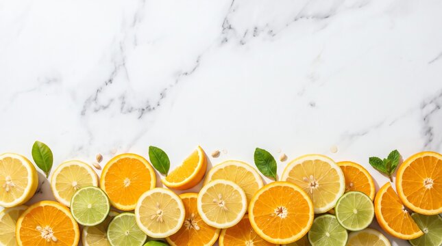 fresh citrus fruit slices flatlay with lemons limes and oranges on marble background