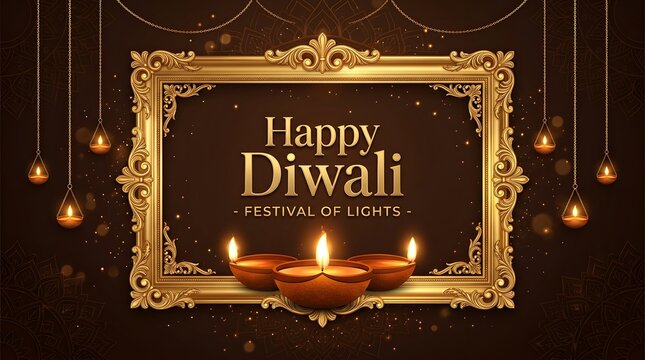 Happy Diwali festival of lights greeting card with golden frame and