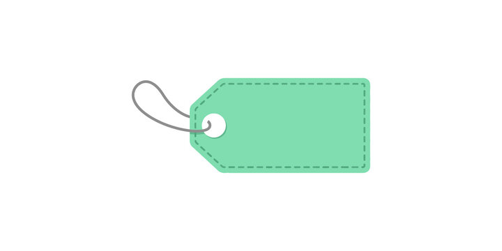 Empty mint green label tag with dashed border and string for product pricing or gift messaging.