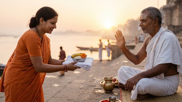  Indian Woman Offering Food and Cloth to a Priest &ndash; Hindu Daan Ritual.