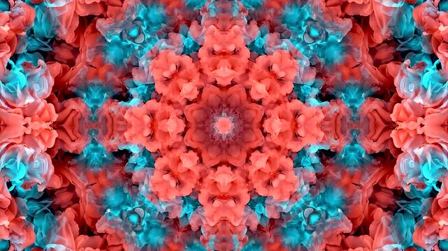 Ethereal coral and teal forms creating a symmetrical floral pattern resembling a kaleidoscope view Captivating ornate design.
