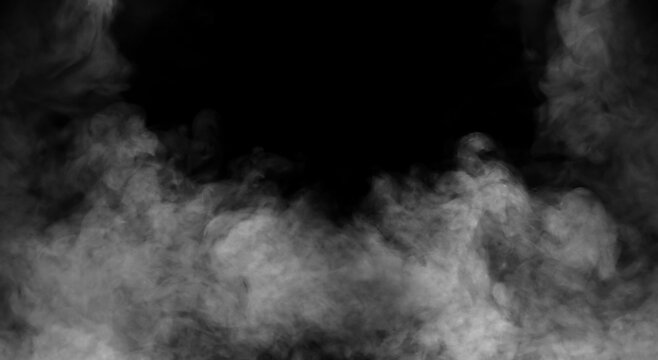 White smoke or steam framing the corners and bottom on a black background. Concept of abstract vapor textures, dramatic visual overlay elements, and atmospheric background.