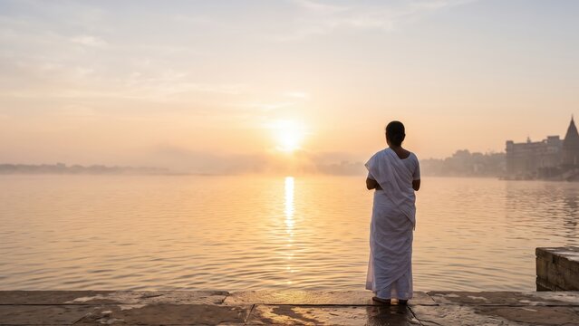 Golden Sunrise Path over the Ganga &ndash; Spiritual Moksha Banner Background.

