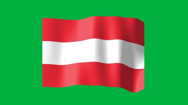 Austrian flag waving gracefully on a vibrant green screen background featuring three horizontal stripes of red and white with realistic fabric texture and smooth motion animation