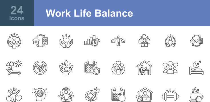 Work Life Balance outline icon set. Featuring remote work, wellness, meditation, and time management