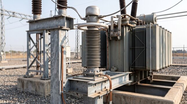 High voltage electrical transformer in a power substation facility.