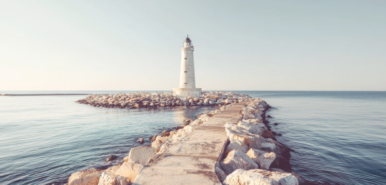 Lighthouse on a rocky breakwater guiding ships, offering a clear path to destination across calm ocean waters