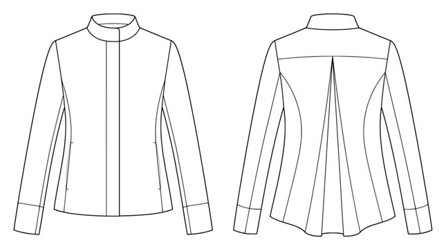 flat vector technical drawing of women pleated winter jacket