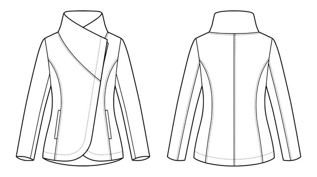 flat vector technical drawing of women diagonal winter jacket