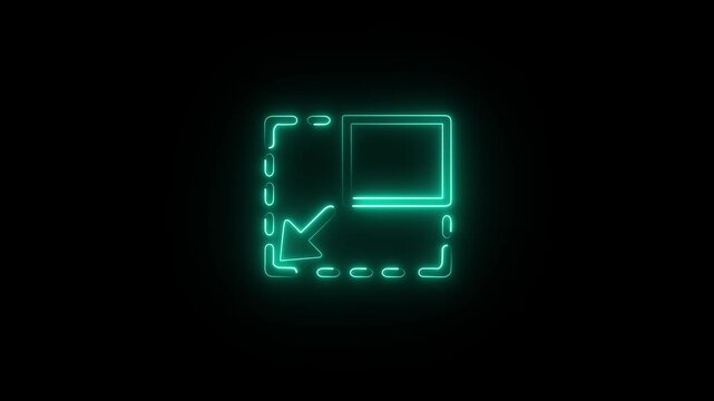 A glowing teal-green neon UI icon depicting a full-screen, expand, or zoom symbol with a dashed outer box and an arrow pointing to the corner.