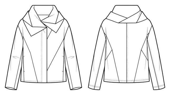 flat vector technical drawing of women asymmetrical winter jacket