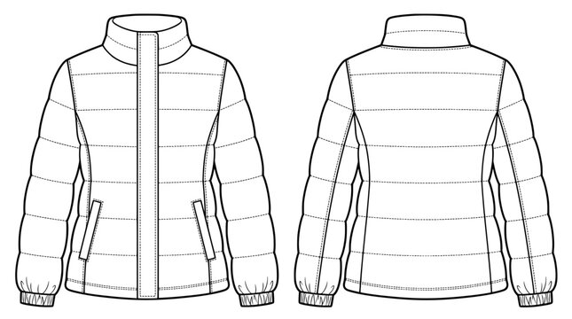 flat vector technical drawing of women wrap winter jacket